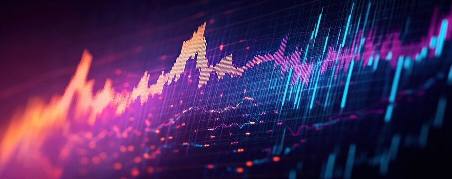 glowing neon data chart with colorful rising and falling line waves, vertical bars and grid background conveying dynamic energy and market volatility