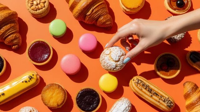 Assortment of fresh french pastries and colorful macarons on a vibrant background. Female hand choosing a delicious cream puff from a sweet selection. Top view flat lay for a bakery menu