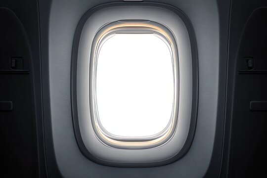 airplane oval window framed by gray cabin interior with soft lighting and bright white sky outside, calm contemplative travel mood