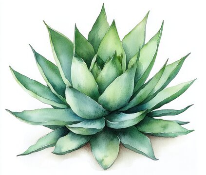 Watercolor illustration of a green succulent rosette on a white background, fresh and serene botanical study conveying calm natural simplicity