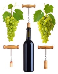 A wine bottle with a corkscrew, flanked by two grape bunches and two more corkscrews, all on a stark white background