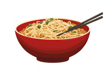 A red bowl filled with steaming noodles topped with fresh green onions. accompanied by a pair of chopsticks. set against a clean white background. perfect for culinary illustrations