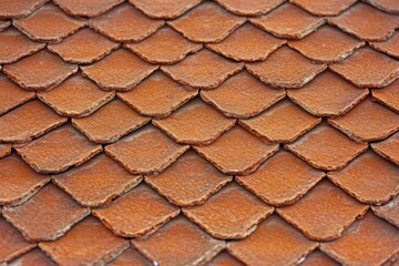 Close-up of weathered red clay roof tiles arranged in overlapping scalloped pattern, rustic warm texture evoking age and cozy charm