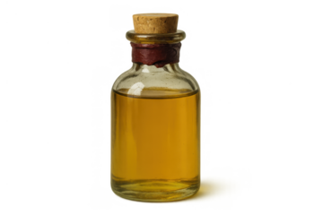 Vintage glass bottle with golden liquid, cork stopper and wax seal on transparent background, symbolizing alchemy elixir potion