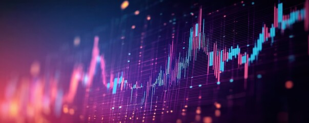 Neon financial market chart with glowing candlestick bars, rising line graph, grid and scattered bokeh lights conveying dynamic futuristic optimism