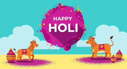 Celebrate vibrant Happy Holi festival with playful decorated cows design