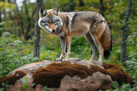 Watchful wild canid standing on moss-covered rock in a lush green forest, alert and curious expression