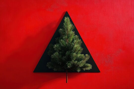 small evergreen pine mounted on a black triangular panel against a bold red textured wall, minimalist composition conveying striking modern contrast and serene festive mood