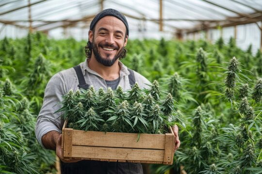 person holding wooden crate full of flowering cannabis plants inside a greenhouse, surrounded by tall cultivated hemp rows, conveying pride and focused care