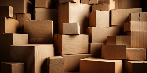Stacked brown cardboard boxes in a dynamic arrangement showcasing various shapes and sizes for packaging and storage solutions in logistics