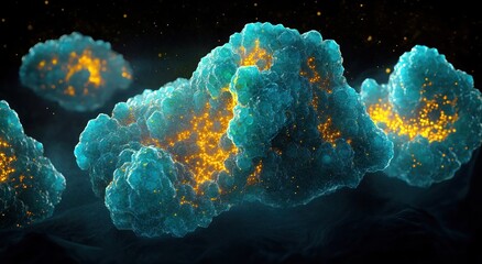 Glowing turquoise cloud-like molecular clusters with golden inner lights floating against a dark background, mysterious and otherworldly