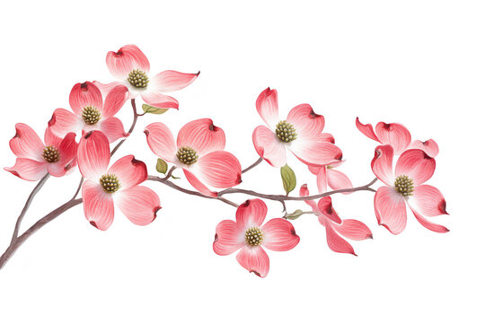 A delicate arrangement of pink dogwood flowers gracefully displayed against a clean white background. their intricate petals and colors. ideal for nature-themed projects