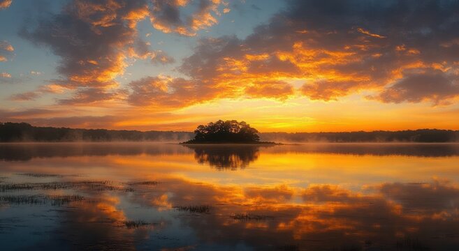 Golden sunrise over a misty lake with a small tree-covered island and dramatic cloud reflections, serene and tranquil morning glow