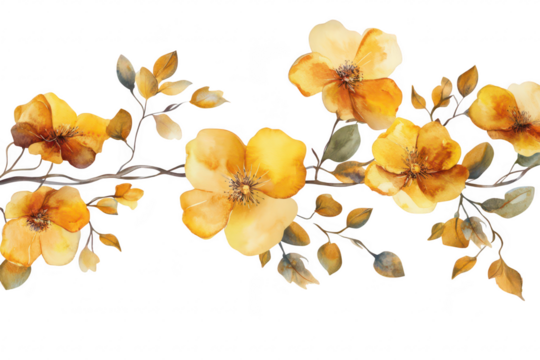 A watercolor illustration featuring delicate yellow flowers intertwined with green leaves. set against a clean white background. ideal for use in invitations or decorative designs