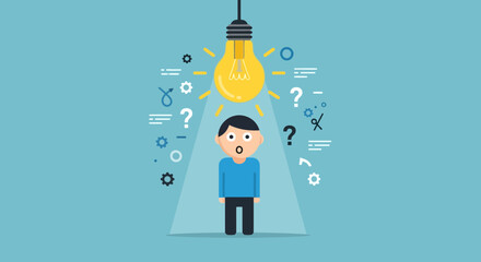 Surprised man under lightbulb with questions, brilliant ideas concept vector