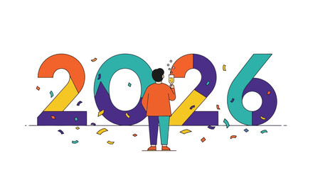 Celebrate 2026 new year with champagne toast and colorful confetti party