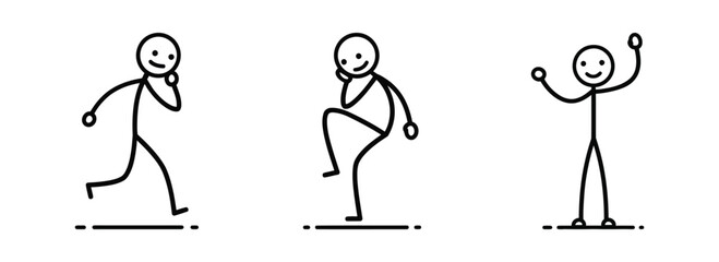 Stick Figure Actions Running, Knee Lift, and Joyful Pose - Simple Outline Drawings