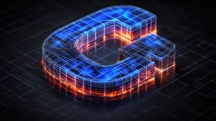 3D glowing wireframe block letter G shaped like a circuit structure with electric blue and fiery orange light on a dark tech grid, evoking futuristic energy and intensity
