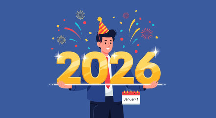 Welcome 2026 New Year celebration with confetti and party hat excitement