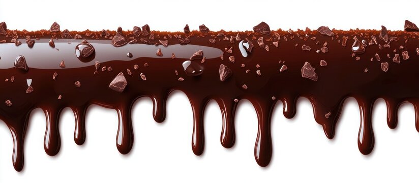 glossy melted dark chocolate dripping with crunchy chocolate chunks and crumbs on white background, indulgent and tempting