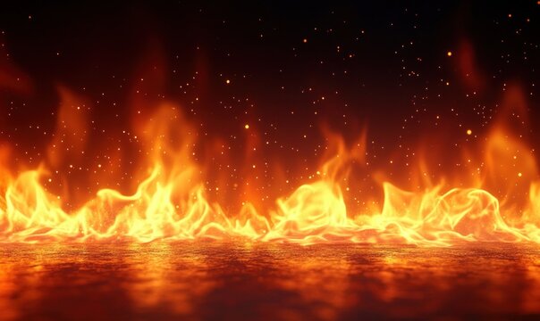 Roaring orange flames and glowing embers across a reflective surface under a dark sky, intense heat and danger