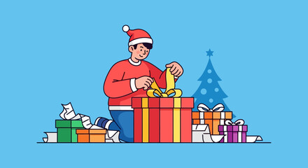 Festive holiday joy man unwrapping a gift with Christmas spirit and holiday cheer
