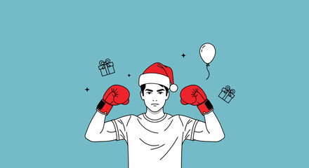 Christmas celebration ready boxer wearing santa hat with gifts and balloon