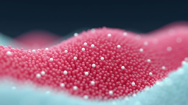 A close up of a pink and blue surface with white specks. The surface is made of small, round objects that are pink and blue. The surface is smooth and has a slightly bumpy texture