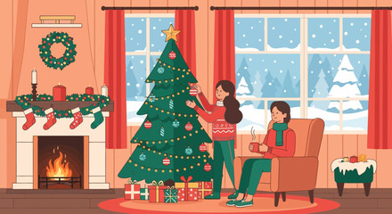 Cozy Christmas scene with family decorating tree in warm holiday setting