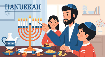 Family lighting Hanukkah menorah candles, celebrating Jewish festival holiday
