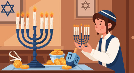 Celebrating Hanukkah with candles, dreidel, and gelt for a joyous occasion