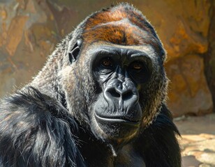 Obraz premium Close-up photograph of a silverback gorilla, gazing intently at the viewer. Soft sunlight illuminates its face, fur and chest