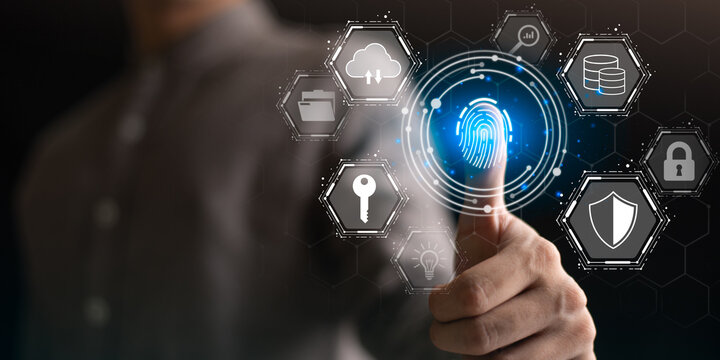 A user authenticates with a digital fingerprint scanner surrounded by cybersecurity icons, illustrating data protection, secure access, encryption, cloud security, advanced identity verification
