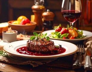 A close-up shot of grilled steak with red wine sauce, salad, and wine glass, with wooden table