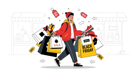 Modern shopper enjoys Black Friday sales with bags and deals, vector art