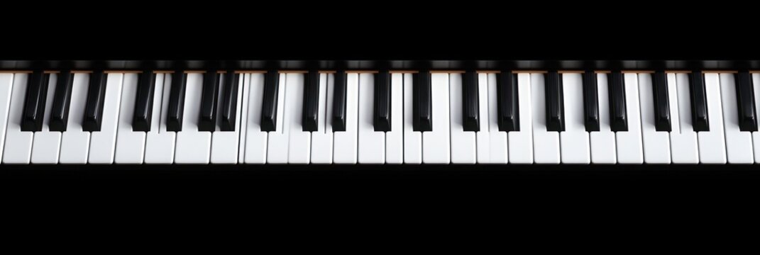 Close-up of glossy piano keyboard with black and white keys on a dark background evoking elegance and calm