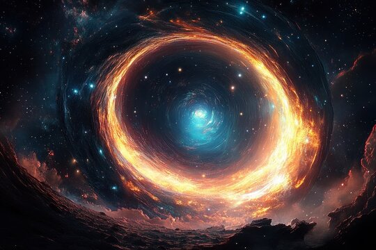 Fiery ring-shaped cosmic vortex with glowing blue core over rocky alien landscape, swirling stars and nebula evoking awe and mysterious wonder