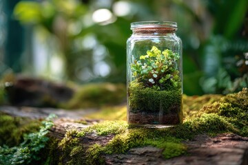 Miniature Ecosystem - Lush Terrarium in Glass Jar on Mossy Wood.