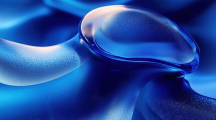Close-up of a smooth translucent blue liquid droplet resting on a glossy rippling surface, serene and futuristic atmosphere