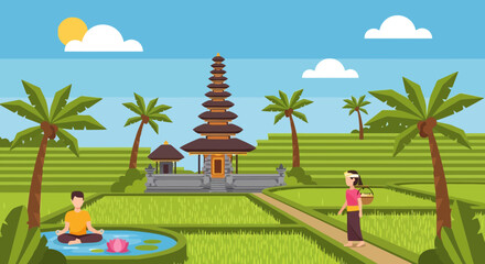 Tranquil Balinese rice terraces with temple, yoga, and cultural heritage