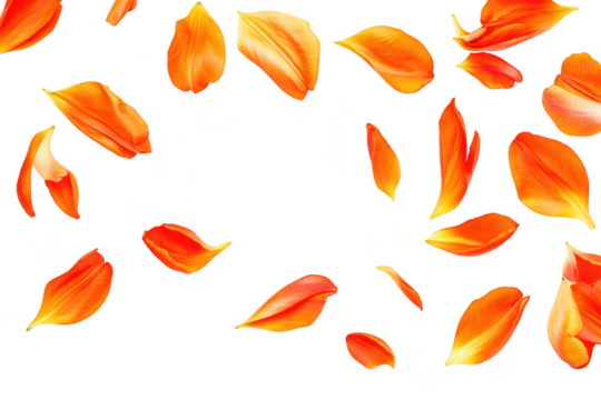A arrangement of orange and yellow flower petals scattered artistically on a clean white background. ideal for floral design projects. invitations. or nature-themed graphics