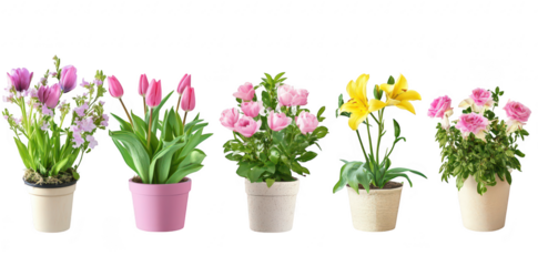 A display of various flowering plants in decorative pots. tulips. lilies. and roses. arranged harmoniously against a clean white background. ideal for gardening or home decor inspiration