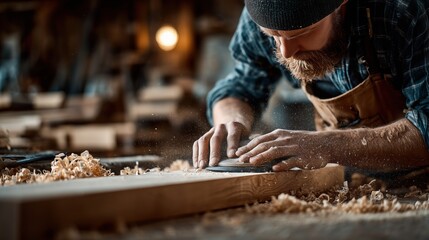 Skilled Craftsman Working with Wood in Workshop Creating Fine Details with Traditional Tools