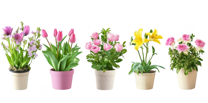 A display of various flowering plants in decorative pots. tulips. lilies. and roses. arranged harmoniously against a clean white background. ideal for gardening or home decor inspiration