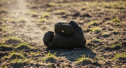 A mound of livestock manure on parched soil with scattered green blades of grass