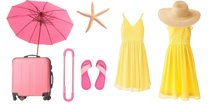 A summer beach scene featuring a pink umbrella. a starfish. yellow dresses. a pink suitcase. and sandals. evoking a joyful vacation atmosphere perfect for travel promotions