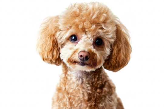 A fluffy. adorable poodle with curly fur gazes directly at the camera. its expressive eyes and playful demeanor. set against a clean white background. perfect for pet-related content