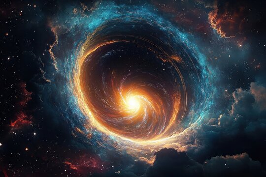 Glowing spiral cosmic vortex with fiery golden core and swirling blue nebula clouds, stars and dark space evoking awe and mysterious wonder - Powered by Adobe