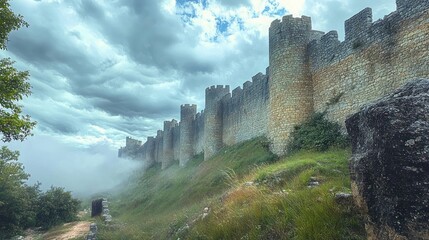 ancient stone fortress wall with towers and battlements on a misty hillside under a dramatic stormy sky, atmospheric and ominous mood