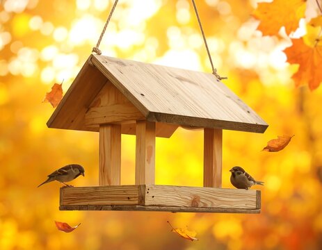 Wooden bird feeder with two sparrows, falling leaves, autumnal scene